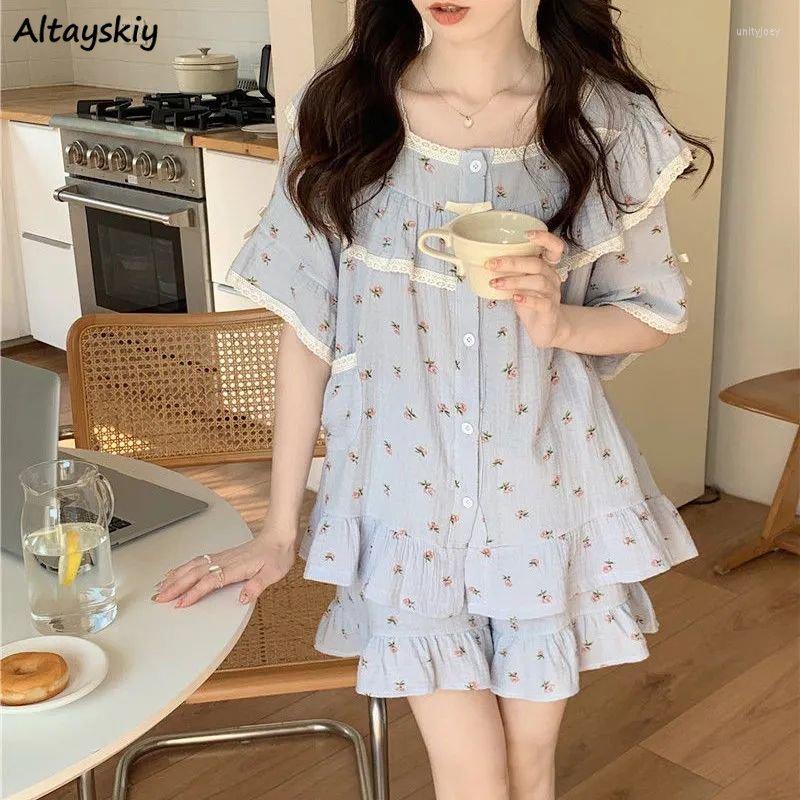 

Women's Sleepwear Pajama Sets Women Floral Sweet Lace Design Summer Princess Short-sleeve Home Loose Casual Button Korean Style Fashion Chic, Blue