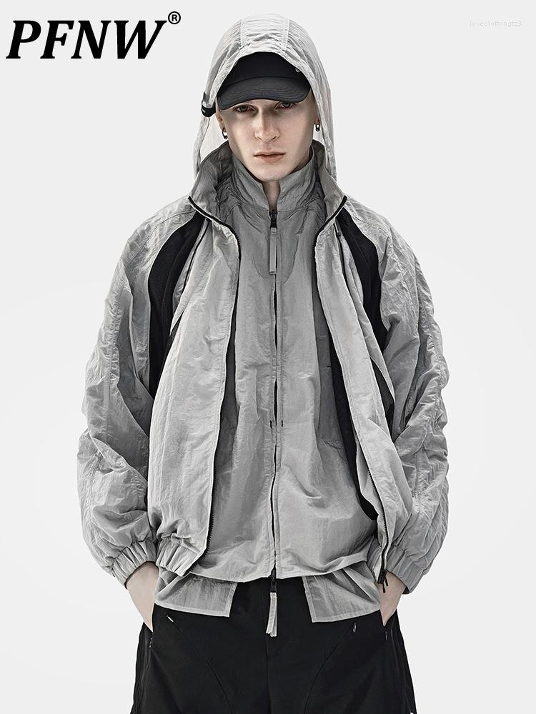 

Men' Jackets PFNW Metal Nylon Color Contrast Stand Collar Sports Zipper Hooded Men' Autumn Winter Tide Chic Niche Coats 12A5794, Gray