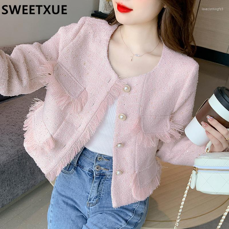 

Women' Jackets Korean Autumn Winter Small Fragrance Tweed Jacket Coat Women Fashion Vintage Woolen Plaid Tassel Temperament Outwear Tops, Pink