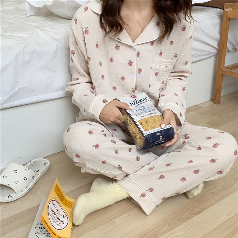 

Women's Sleepwear Cotton Long Sleeve Pajama Set Women Autumn Spring Crepe Soft Peach Print Home Clothes 2 Piece Ladies Apricot S022