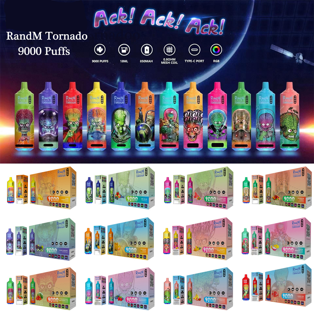 

Original RandM Tornado 9000 Puffs E Cigarettes Disposable Vape Pen 2% 18ml Pod Mesh Coil 850mah Rechargeable 5% AirFlow Control Puff 9000 Device