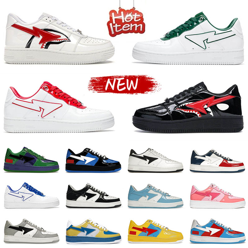 

Top Men Bapestas Casual Shoes Woman Fashion Patent Leather Luxury Bapesta Sneaker Shark White Shark Black Trainers Plate-forme designer sneakers Chaussures, A30 nostalgic burgundy grey