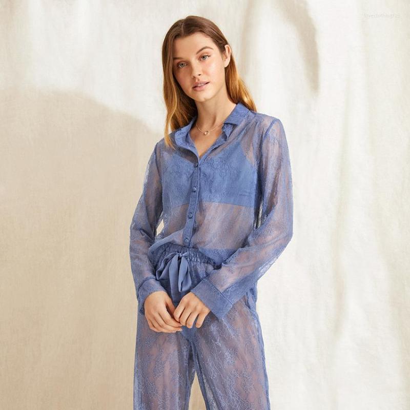 

Women' Sleepwear Hiloc Lace Trouser Suits See Through Sets Womens Outfits Turn Down Collar Homewear Women Pajama Single Breasted Pijama, Blue