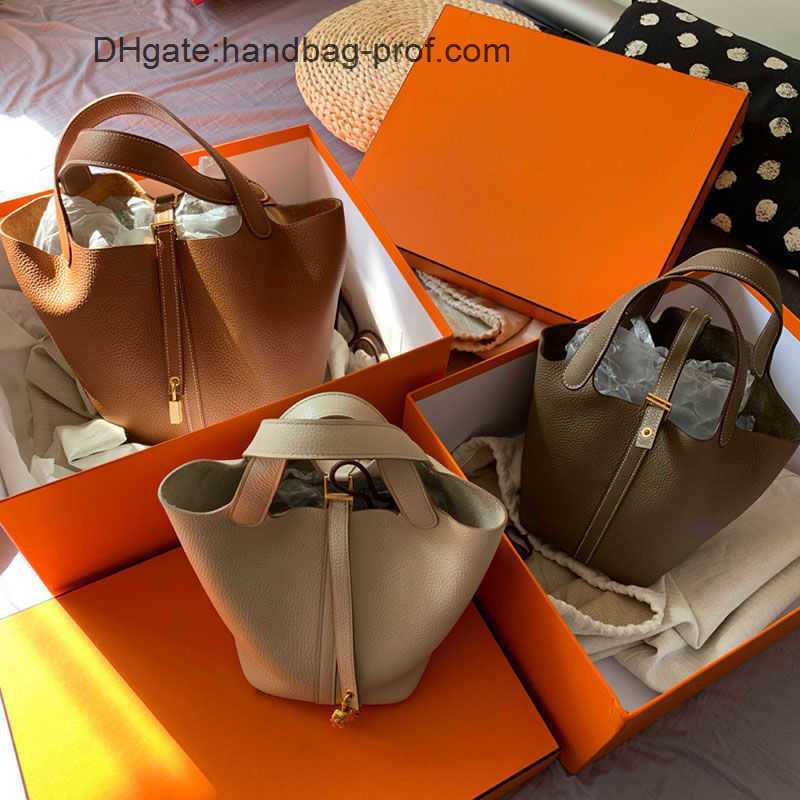 

Picotin Bags Women's Handbags Genuine Leather Vegetable Basket Bag Women's Bucket Handheld Women's Bag, Almond green