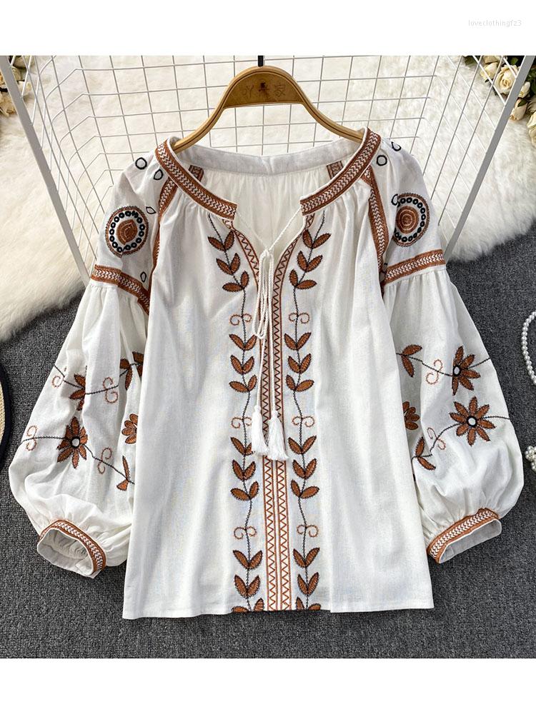 

Women's Blouses Women Spring Blouse Vintage Ethnic Style Long Sleeve Round Neck Loose Embroidered Cotton Pullover Shirt Casual Top, Khaki
