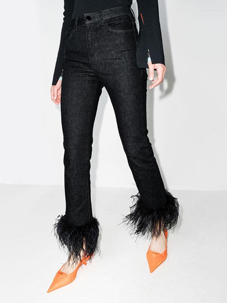 

Women' Jeans HIGH STREET Est 2023 Fashion Designer Pants Women Ostrich Wool Spliced Straight, Black