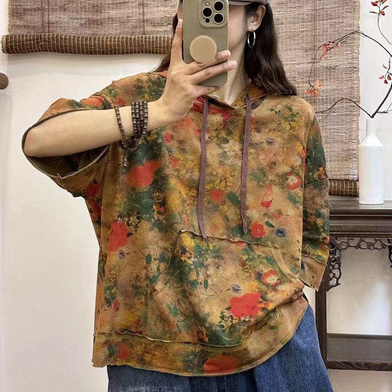 

Women's T Shirts 23 Women T-Shirts Summer Retro Print Hooded Drawstring Half Sleeve Loose Female Tide Cotton Tops Fashion Wild