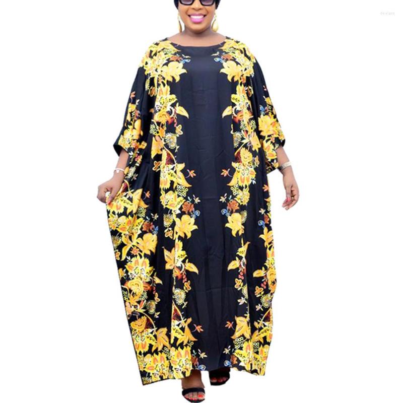 

Ethnic Clothing African Dresses For Women 2023 Fashion Spring Autumn Batwing Sleeve Long Maxi Dress Black Yellow Floral Print Islamic Femme