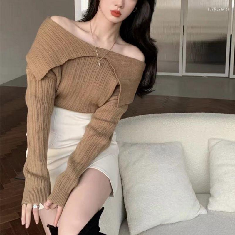 

Women's T Shirts 2023 Women's French Sweater Off-Shoulder Short Long-Sleeved Slim Fit Slimming Long Sleeves Top, Black