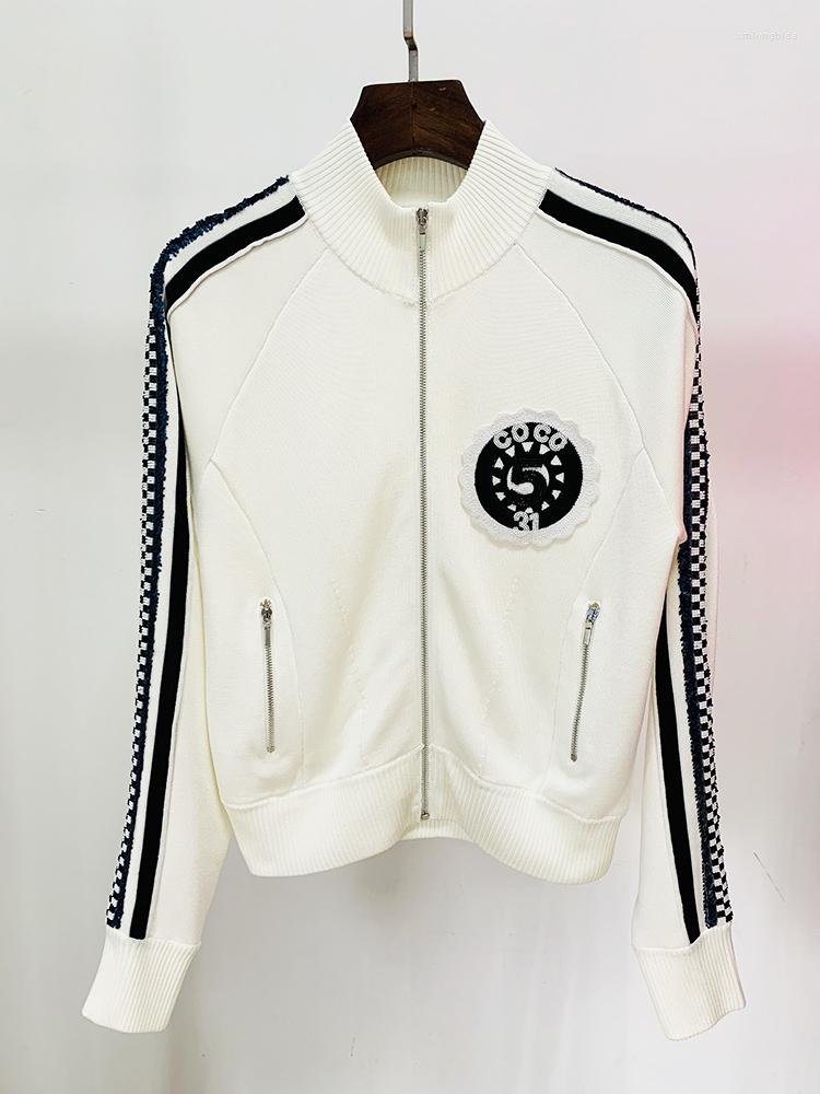 

Women' Jackets HIGH STREET Est Fashion 2023 Spring Designer Jacket Stand Collar Sequin Embroidered Baseball, White