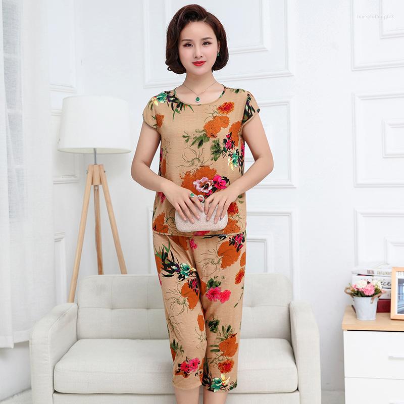 

Women's Sleepwear Cotton Silk Pajamas Women's Summer Two-piece Short-sleeved Sets Large Size Casual Loose Thin Style Home Service Female, White