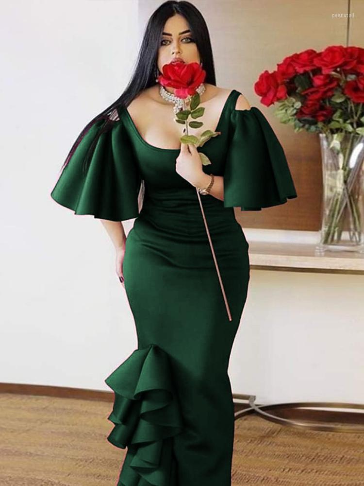 

Ethnic Clothing African Dresses For Women Green Party Formal Elegant Ruffle O-Neck Short Sleeve Peplum Africa Ladies Christmas Wedding Gowns