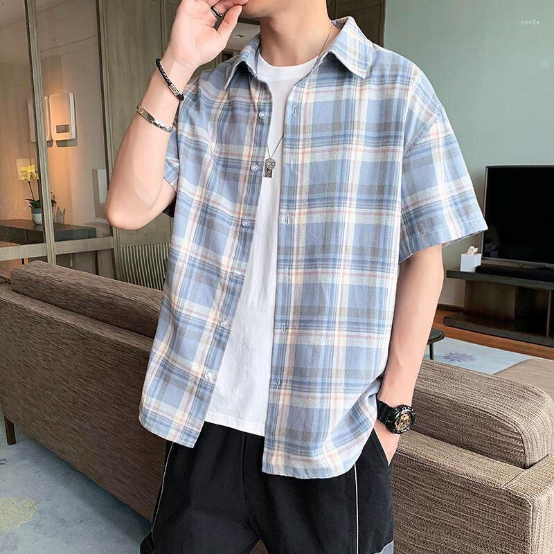 

Men's Casual Shirts Half Sleeve Man Tops Red Plaid And Blouses For Men Silk S Cotton Brand Hipster Korean Style Designer Asia Clothing