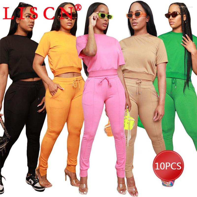 

Women's Two Piece Pants 10sets Wholesale Items For Business Set Short Sleeve Sexy Tracksuit Fashion Solid Y2K Split Backless K9794, Orange