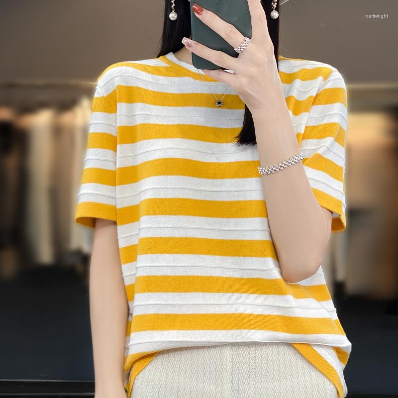

Women's T Shirts Summer Cotton T-shirt Women's O-neck Pullover Vest Knitted Short-sleeved Casual Loose Striped Fashion Top, Purple