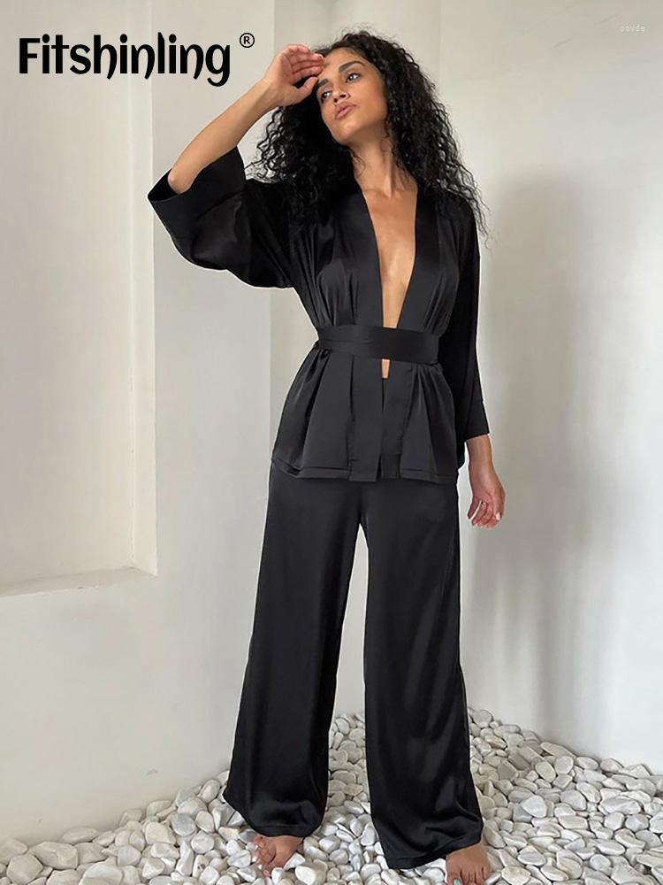 

Women' Sleepwear Fitshinling V-neck Nightgown Solid Long Sleeve Belt Women' Home Clothes Casual Trousers Soft Loungewear Set Woman 2, Red