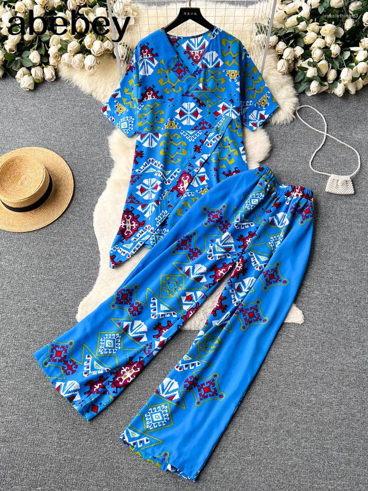 

Women's Two Piece Pants 2023 Fashion Pieces Suits V Neck Short Sleeves Blouse Wide Legs Floral Women Senior Spring Casual Sets, Black