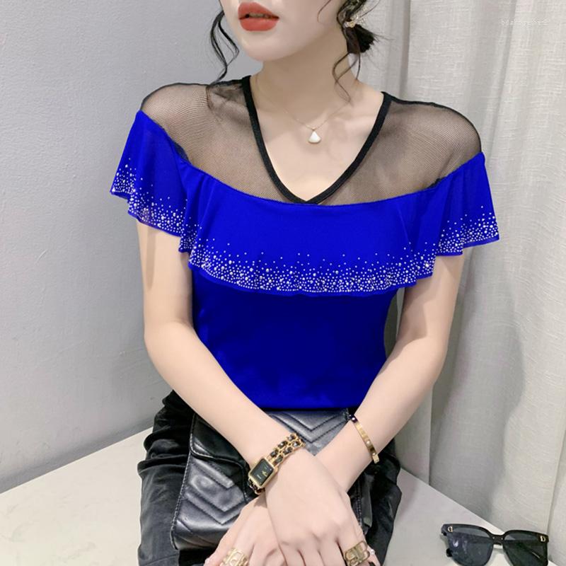 

Women's T Shirts 2023 Spring Summer Short Sleeved Women's T-Shirt Fashion Sexy Hollow Out Ruffles Tops M-3XL Diamond Blusas, Black