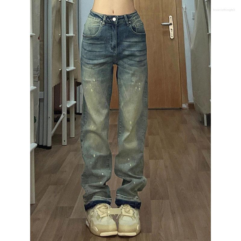 

Women' Jeans Autumn Vintage Y2K Splash Yellow Mud Vibe Style Low Waist Straight Stack Pants Cargo Women Streetwear 90s, Sky blue