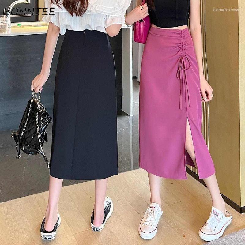 

Skirts Side-slit Women Shirring Elegant High Waist Solid Summer Mild-calf Office Lady Korean Style All-match Simple Fashion Sexy, Black