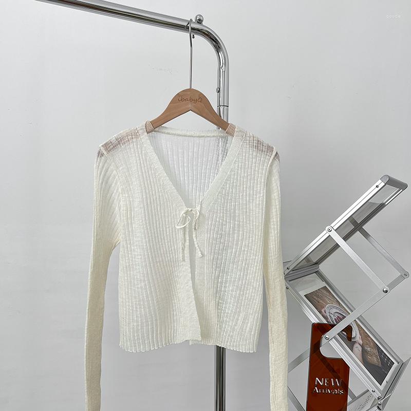 

Women's Knits Korean Solid Cardigan For Women Summer Sunscreen Lace-up Thin Jumpers Slight Stretch Casual V-Neck Full Sleeve Drop, Yellow