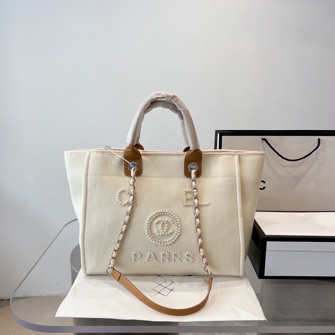 

Luxury Women's Beach Bag Single Shoulder Bag Canvas Designer Bag Shopping Bag with Chain Luxury Handbag Linen Pearl Print Crossbody Bag Travel Bag Handbag, #16
