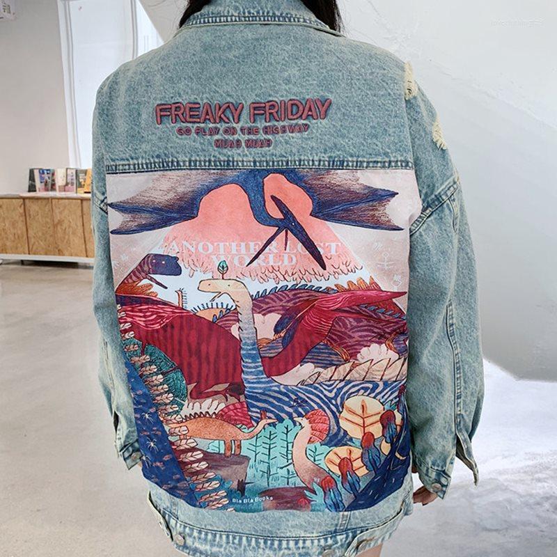 

Women' Jackets 2023 Fashion Dinosaurs Cartoon Print Long Denim Jacket Femme Coat Women Vintage Streetwear Style Loose Jean, Picture color