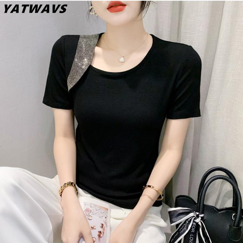 

Women' T Shirts Elegant Female Short Sleeve Elastic Tees Summer European Women Clothes T-Shirts Sexy Slant Collar Shiny Diamonds Slim, Picture color