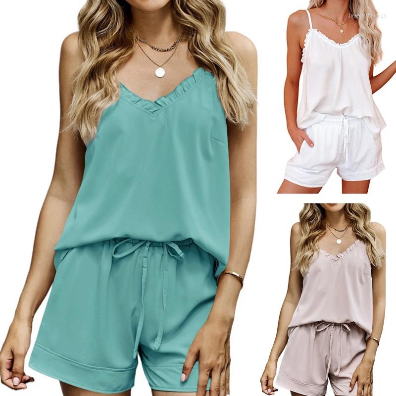 

Women's Sleepwear Women Summer 2Pcs Pajamas Set Sleeveless V-Neck Cami Top With Drawstring Waist Shorts Chiffon, White