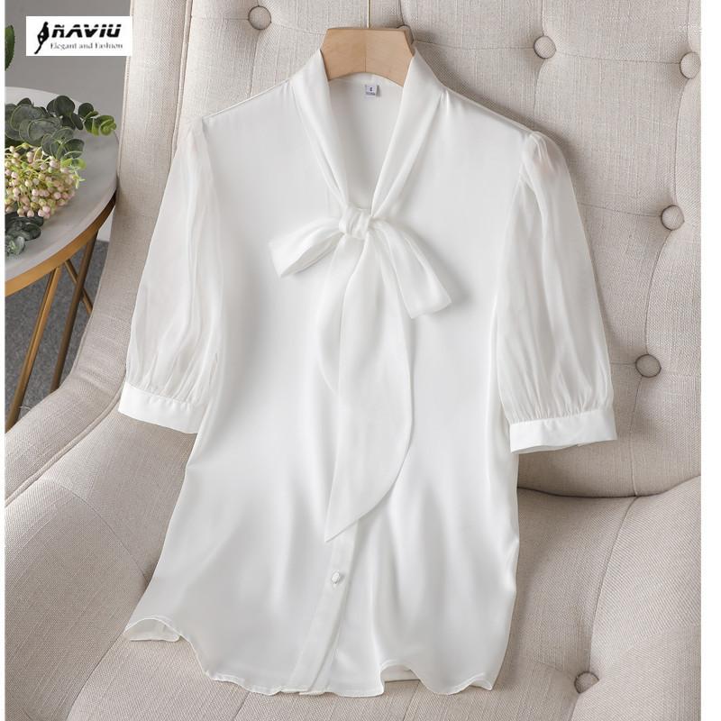 

Women' Blouses NAVIU White Short Sleeve Chiffon Shirt Women Summer Bow Thin Temperament Formal Office Ladies Work Tops Black