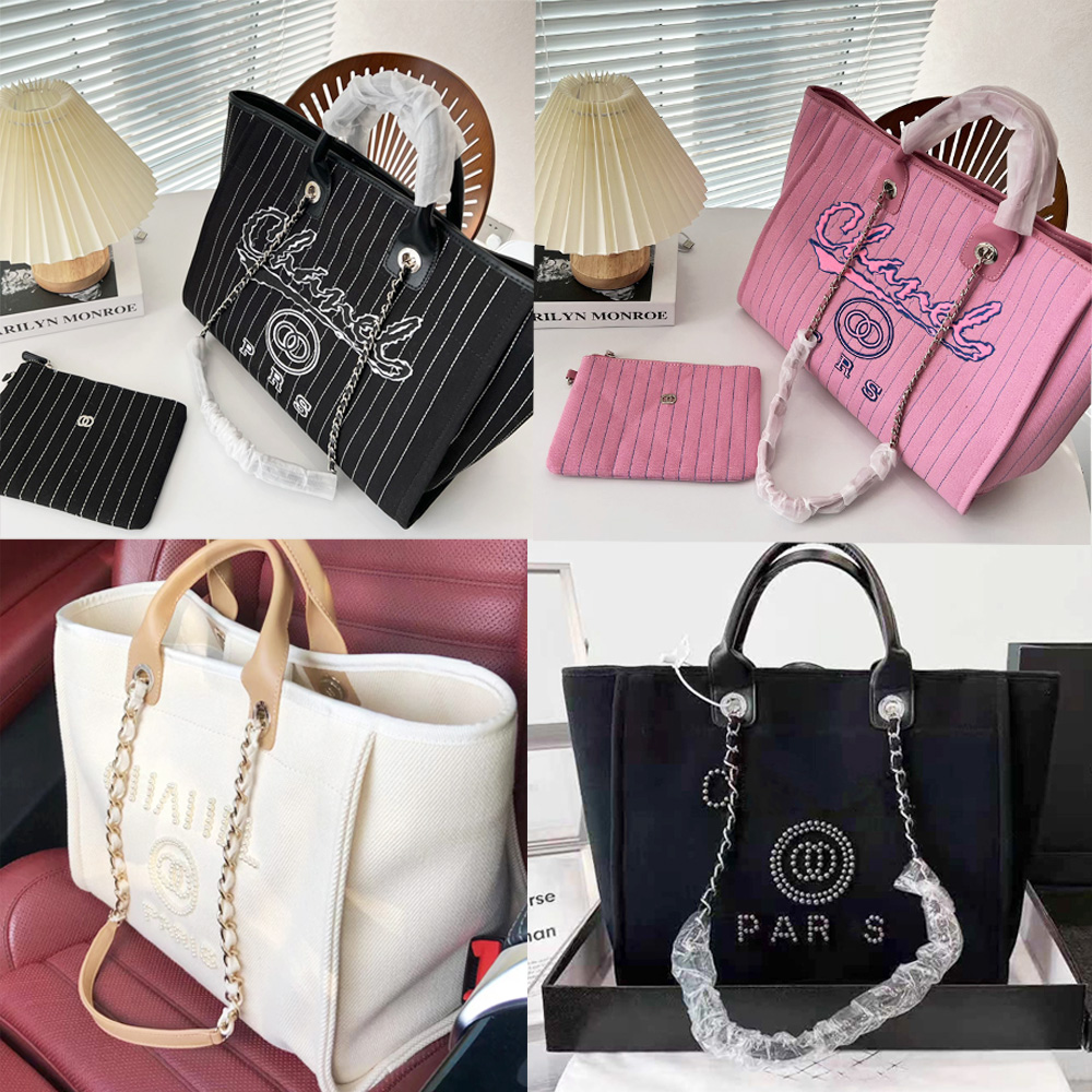 

Fashion womens beach bag shoulder bag canvas designer bag shopping bag with chain luxury handbag linen pearl print crossbody bag travel bag tote bag, #3