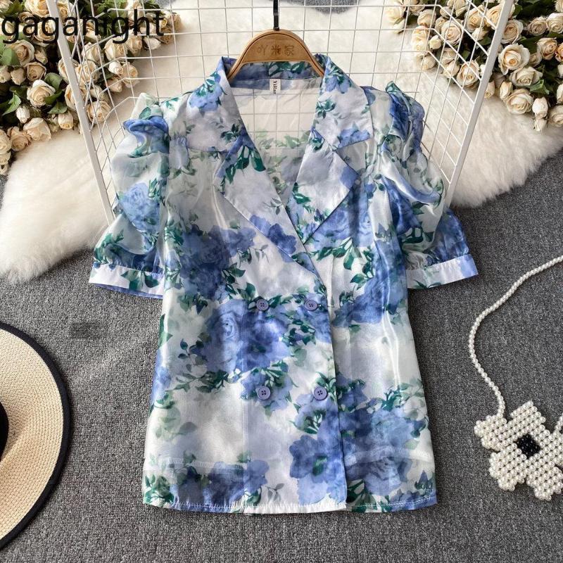 

Women's Blouses Gaganight Women Gentle Retro Puff Short Sleeve Suit Collar Double Breasted Printed Shirt 2023 Summer Women's Casual Top, Green