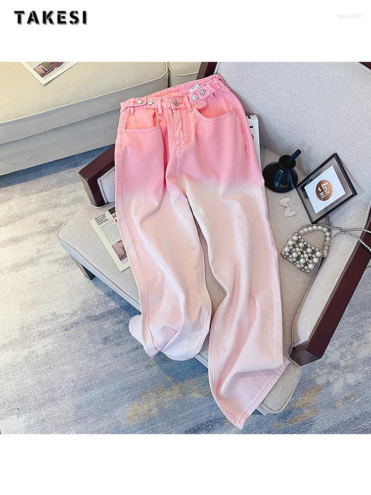 

Women' Jeans Y2K 00S Harajuku High Waist Casual Loose Pants Streetwear Style Women' Wide Leg Baggy Gradient Pink Color Denim Trouser
