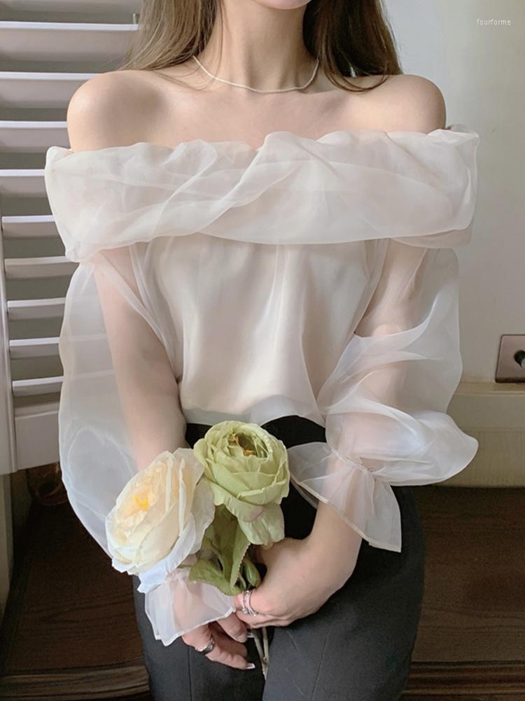 

Women' Blouses Mesh Women Korean Fashion Slash Neck Solid Flare Sleeve Shirt Female Summer Sweet Design All-match Classic Tops, As shown