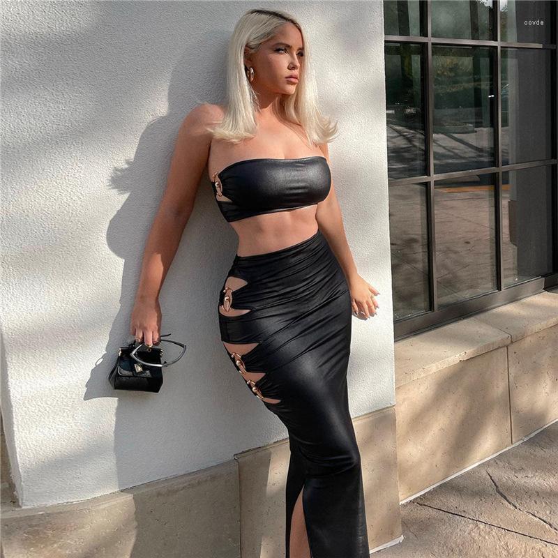 

Work Dresses 2023 Spring And Summer Women' Clothing Fashion Off-Neck Tube Top Sexy Hollow Out Skirt Two Piece Set Women, Black