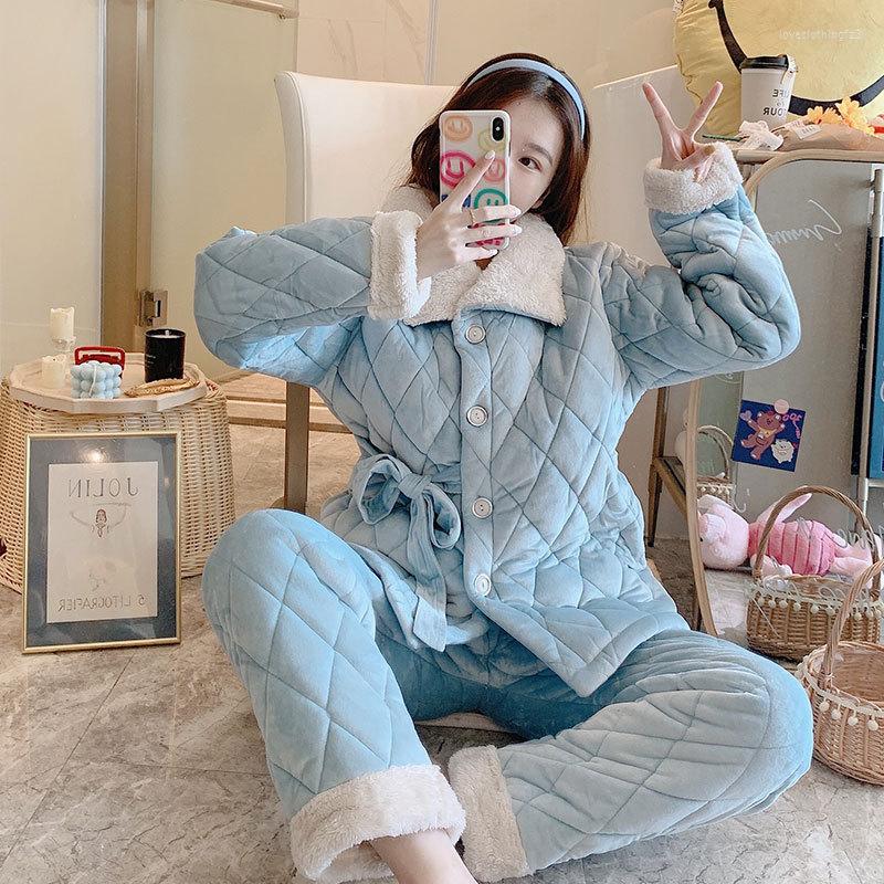 

Women's Sleepwear Winter 2PCS Ladies Coral Velvet Pajamas Set Three Layer Thick Nightwear Cute Underwear Women Flannel Bathrobe Nighty Warm, Pink