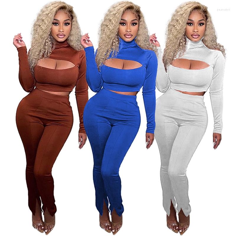 

Women' Two Piece Pants Women Casual Tracksuits Long Sleeve Hollow Out Crop Top And Sexy Split Skinny Leggings Club Party Bodycon, White