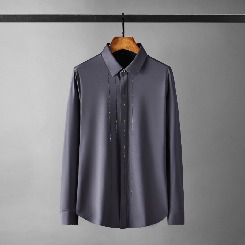 

New Seamless Long Sleeve Male Shirts Luxury Diamond Stripe Solid Color Casual Mens Dress Shirts Fashion Slim Fit Man Shirts 3XL, Grey