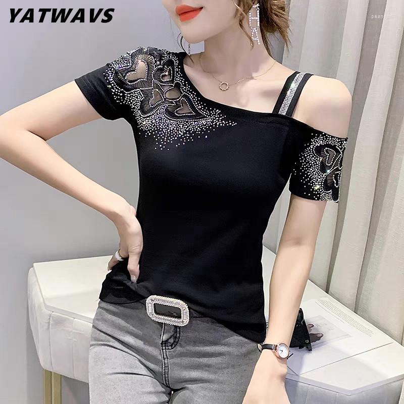 

Women's T Shirts 2023 Summer Short Sleeved Women's T-Shirt Fashion Casual Hollow Out Drilling Mesh Top All-Match Female Tees Clothes, Black