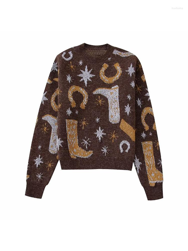 

Women' Sweaters Women 2023 Autumn Fashion Jacquard Weave Casual Knitted Sweater Vintage O Neck Long Sleeve Female Pullovers Chic Tops, Dark brown