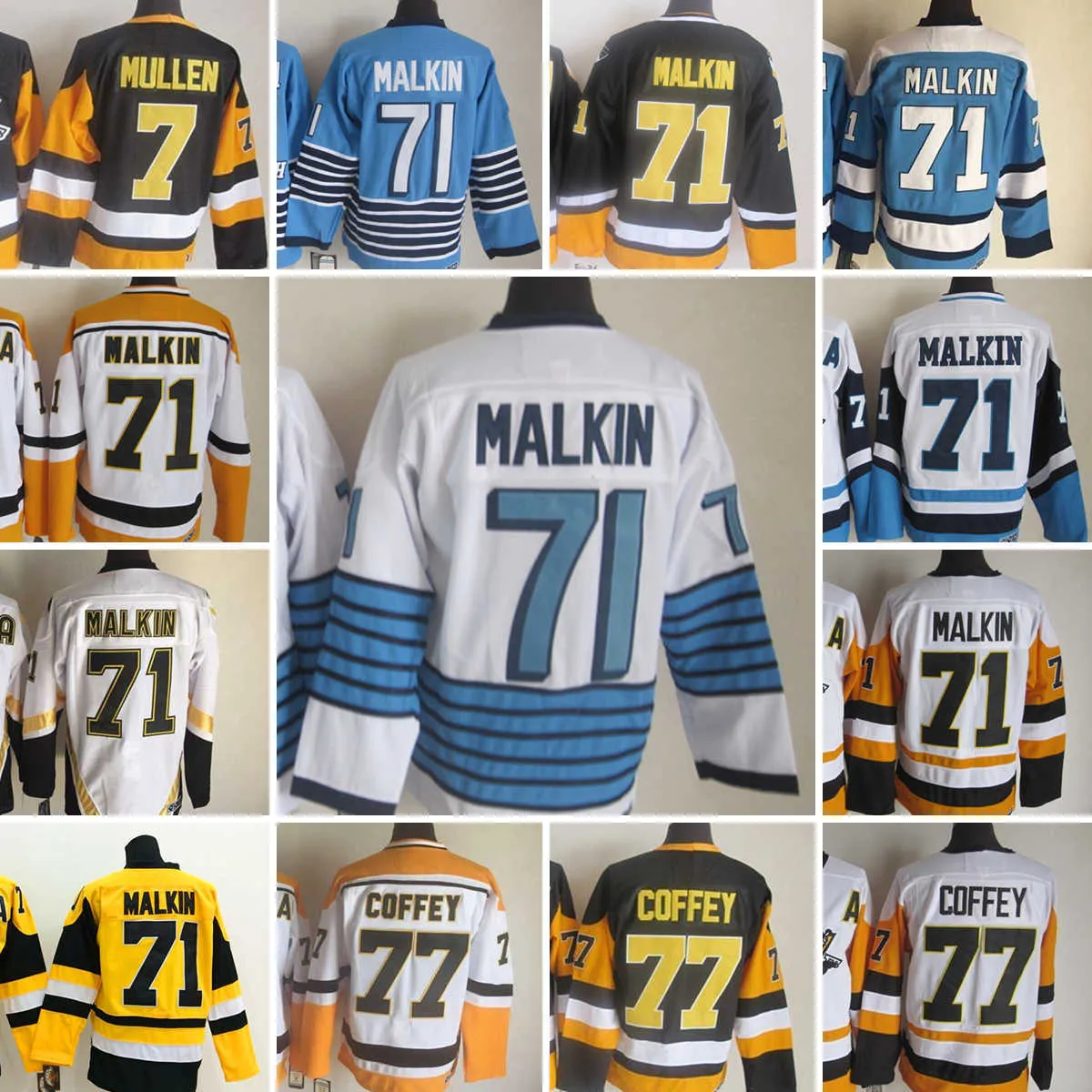 

Pittsburgh''Penguins''Hockey Jersey Embroidery 71 Evgeni Malkin 77 Paul Coffey 7 Joe Mullen Vintage Jerseys White Black Yellow Blue, Aspicture1