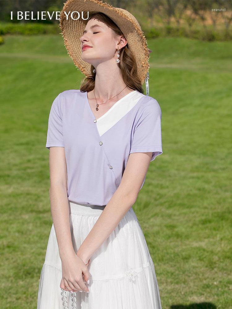 

Women's T Shirts I BELIEVE YOU Creative Panelled For Women 2023 Summer Slim Short Sleeves V Neck Elegant Fashion Casual Tops, Purple