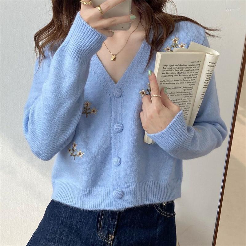 

Women' Knits White/blue Loose Sweaters Women Cardigan V-neck All-match Simple Ladies Knitwear Embroidery Sweet College Preppy Style