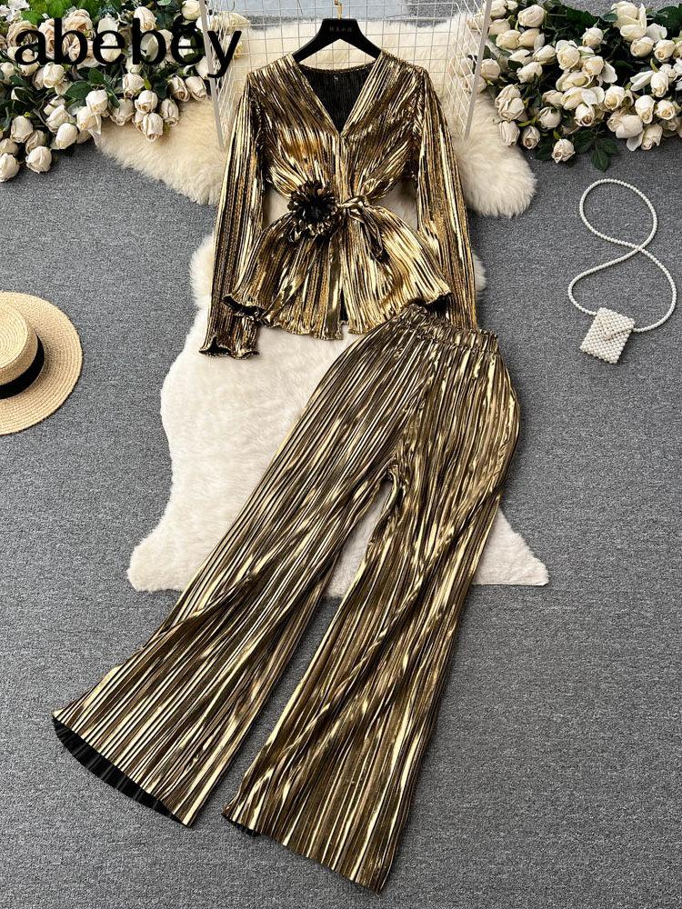 

Women's Two Piece Pants Fashion Solid Pieces Suits Women Long Sleeve Tops Elastic Slim Pleated Skirts 2023 Retro Summer Sets, Gold