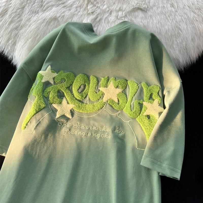 

Women' T Shirts Women' Cotton Embroidered Letter Flocking Short-Sleeved T-shirt Loose Retro National Fashion Brand Hong Kong Style, 2305 extra white