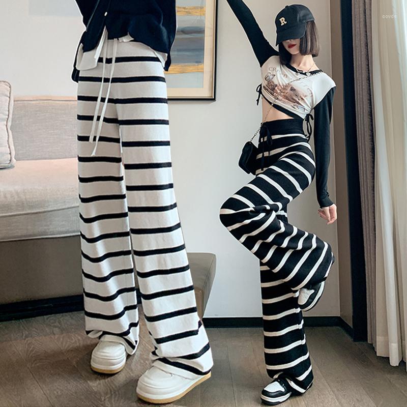

Women' Pants Casual Drawstring Women Loose High Waist Stripes Knitted Trousers Wide Leg Autumn Chic Office Lady, Black