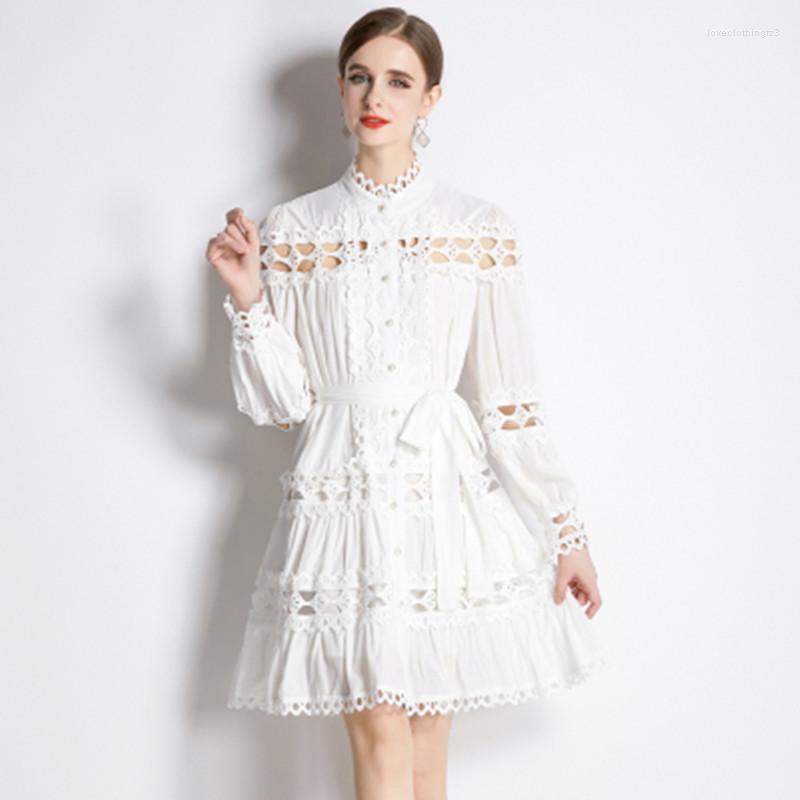 

Casual Dresses Autumn And Spring Fashion Sweet Lace Hollow Out Women's Stand-Up Collar Long-Sleeved Single-Breasted Dress, White
