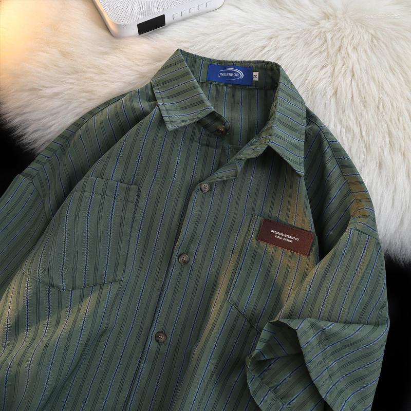 

Men' Casual Shirts 2023 Summer Striped Short Sleeved Shirt For Men Women Retro Design Sense Hong Kong Vintage Unisex Button Up Label Patch, Grey high quality