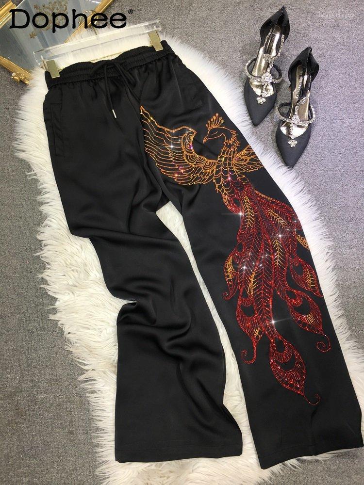 

Women's Pants Heavy Embroidery Drilling Phoenix Wide-Leg Women's Black High Waist Loose Oversized Thin Cool Summer Trousers