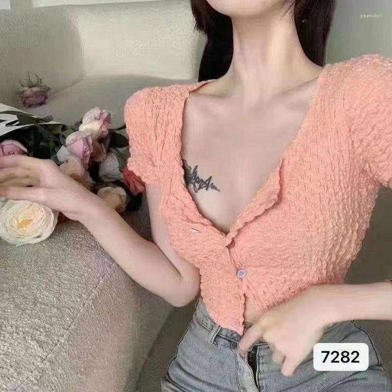 

Women's T Shirts 2023 Girl Wear Korean Style Sweet Round Neck Color Single-Breasted Short Sleeve Cardigan Midriff Outfit Top, Orange